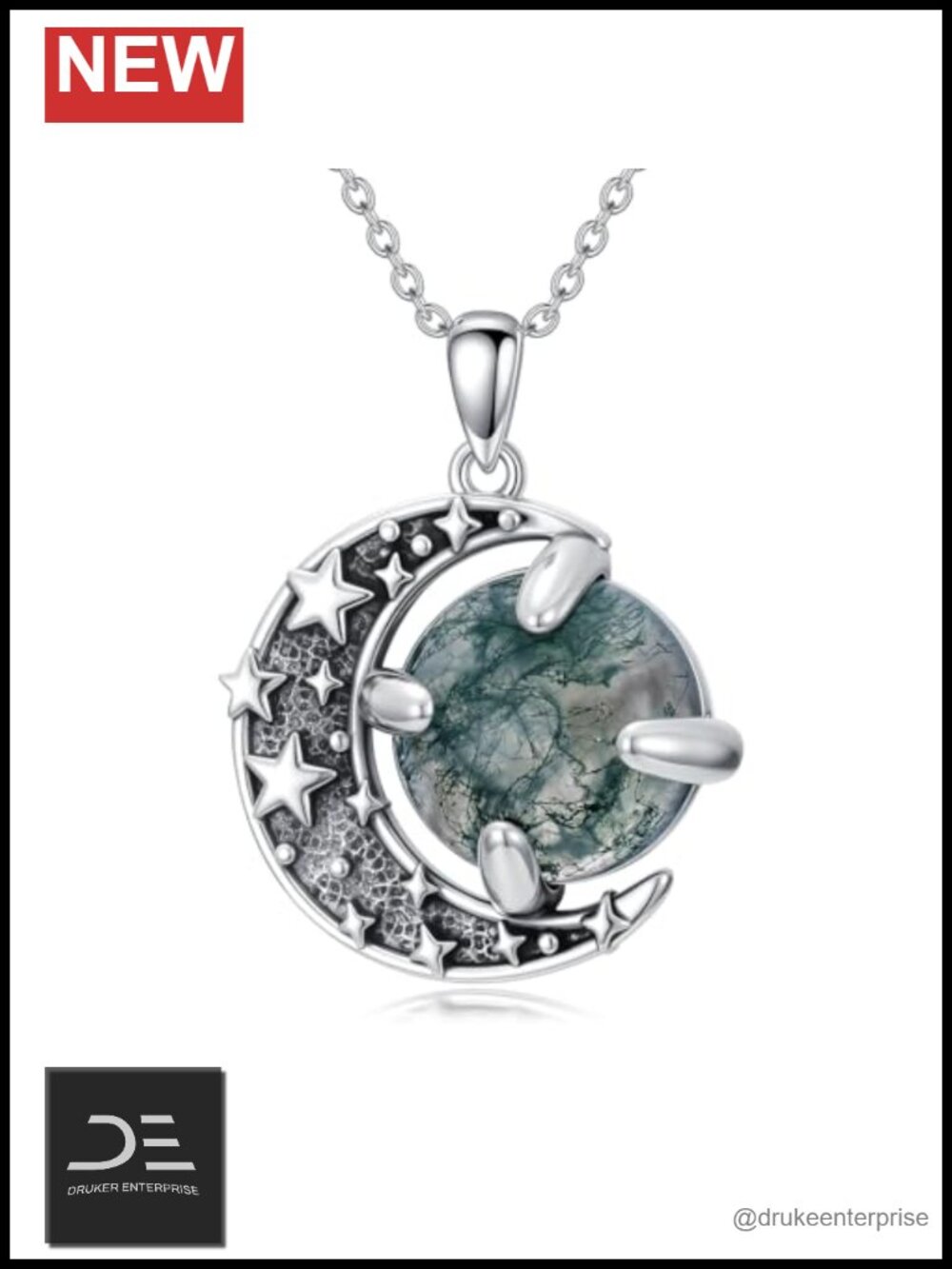 Moss Agate Necklace for Women 925 Sterling Silver Star Moon